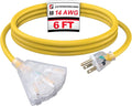 EP 6 Ft Lighted Outdoor Extension Cord with 3 Electrical Power Outlets - 14/3 SJTW Heavy Duty Yellow Extension Cable with 3 Prong Grounded Plug - Power Cord for Lawn, Garden, Appliances