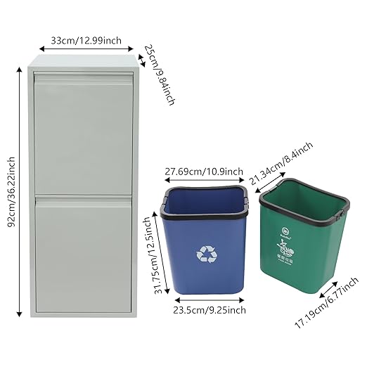 Recycling Trash Cabinet with 2 Bins & Tilt-Out Door – 15-Gallon Stainless Steel Organizer for Kitchen, Garage – Dual Waste Sorting System for Homeowners (Grey)