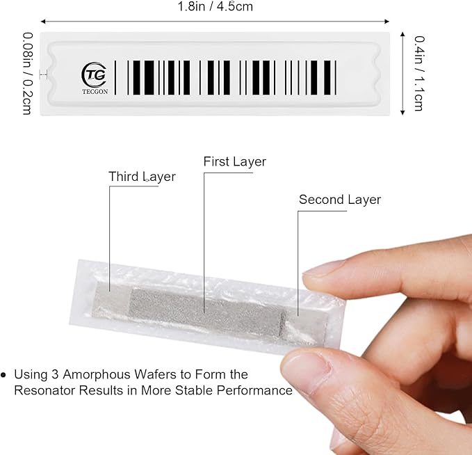 108 Pieces of 58 kHz Acousto-Magnetic (AM) Security Tag Labels, Compatible with 58 kHz EAS Systems. Features Simulated Barcodes