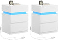 VASAGLE Nightstands with LED Lights, Set of 2, Adjustable Light Colors, Bedside Tables, Side Tables with 3 Drawers, Modern Style, 13.8 x 15.7 x 21.7 Inches, Cloud White ULET799T12