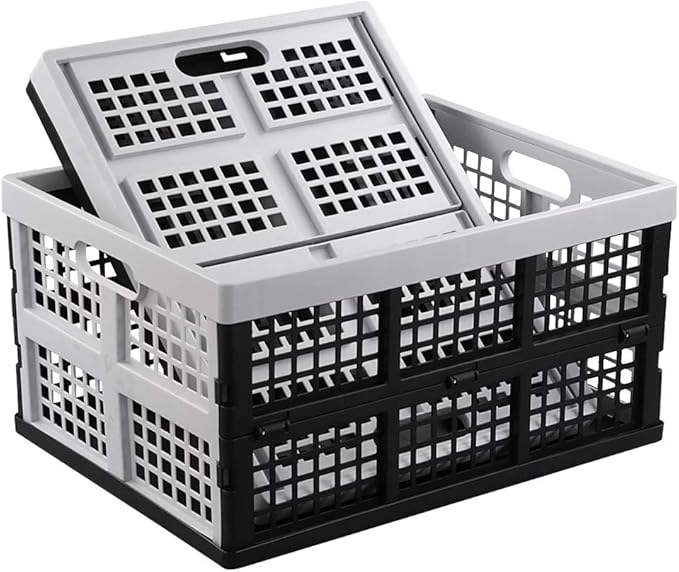 Hespapa 35 Quart Folding Crates, Plastic Collapsible Storage Container Milk Crate Baskets, 2 Packs