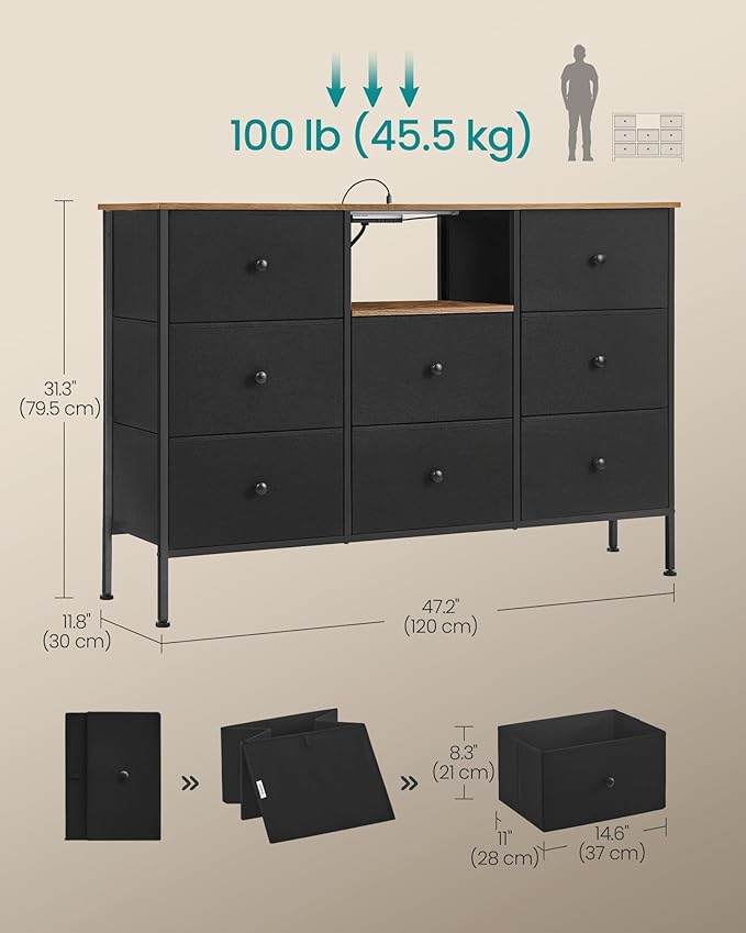 SONGMICS Dresser for Bedroom, Fabric Dresser with Power Outlets and LED Lights, TV Stand for up to 60 Inch TVs, 25 Colors, 11.8 x 47.2 x 31.3 Inches, Ink Black and Rustic Brown ULTS518B01
