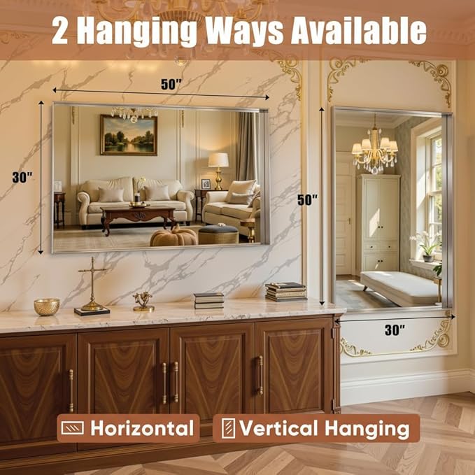 50"x30" Silver Framed Bathroom Mirror, Large Rectangular Vanity Mirror, Aluminum Metal Frame, Wall Farmhouse Modern Wall-Mounted Mirrors for Bathroom, Bedroom, Living Room, Over Sink