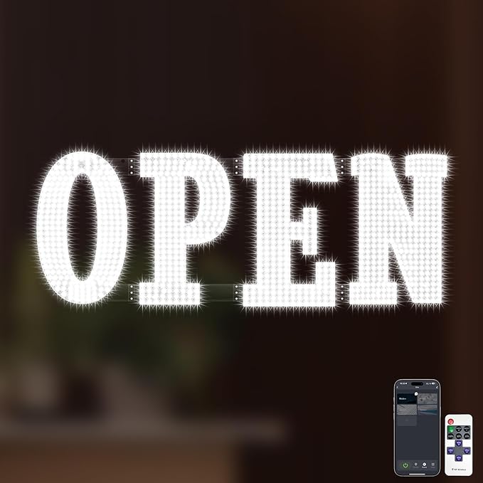 48"x17" Extra Jumbo LED Open Sign BT and Remote Control Open Sign Super Bright Dimmable Business Signs for Storefront Window Bar Salon Cafes Retail Shops White