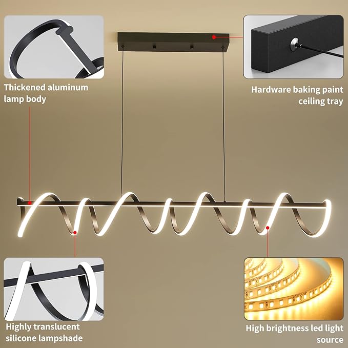 Modern Design Dimmable Desk Linear Pendant Light, with Remote Control Dimmable 3 Color Mode & Brightness Ceiling Lamp, Anti-Flicker Dining Light Fixture for Kitchen（47IN）