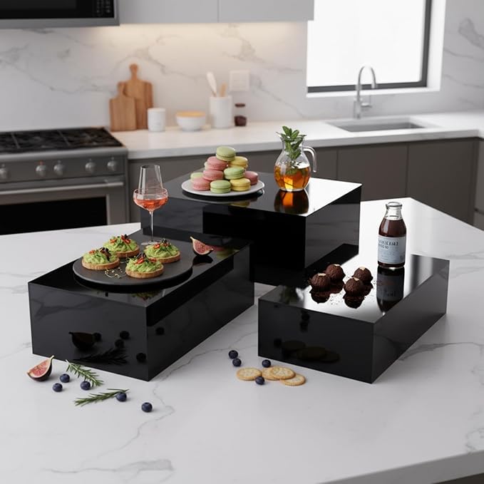 3 Pack Extra Large Acrylic Buffet Risers - 15”, 14”, 13” Black Display Stands with Hollow Bottoms, Cube Riser Boxes Nesting for Dessert Food Catering Buffet Display Party Supplies