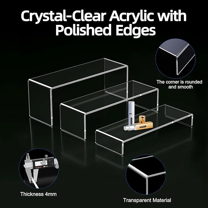 6PCS Acrylic Display Risers, 12'' Large Acrylic Risers Display Stands,Tiered Shelves for Gemstone, Curio, Figurines, Collectibles and Home Deco