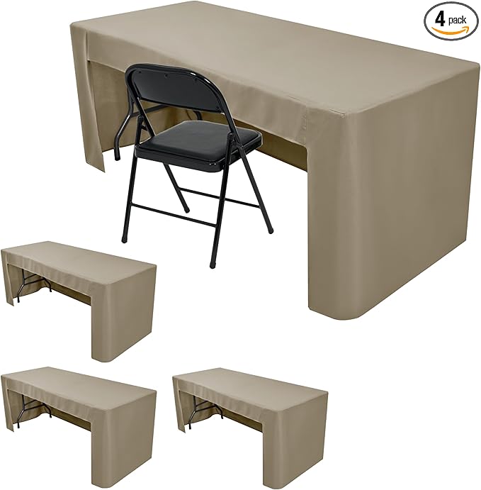 HolidayIdeas Open Back Fitted Tableclothss for 8 Foot Rectangle Table, Wrinkle Resistant Washable Table Covers 96x30 Inch for Craft Fairs, Banquets, Trade Show Display, Taupe,4 Pcs