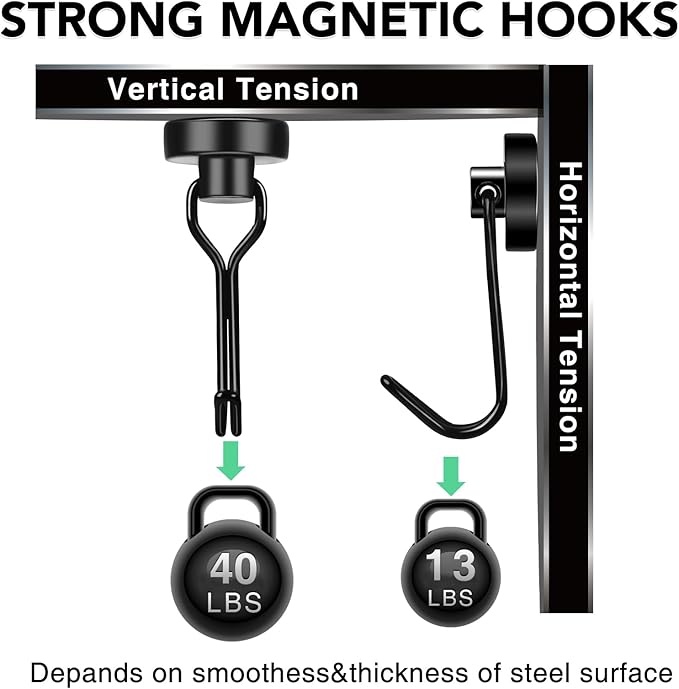 MIKEDE 12 Pack Magnetic Hooks, 40Lbs Heavy Duty Neodymium Magnet Hooks Black Magnetic Swivel Hooks for Hanging, Rust Proof Strong Magnets with Hook Magnetic Metal Hanger for Toolbox, Storage