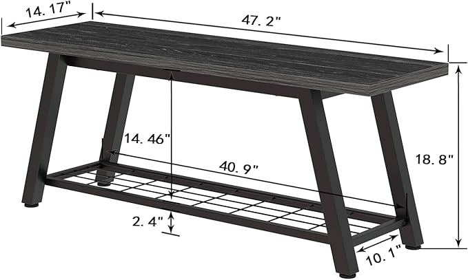 Industrial Entryway Bench Rustic Wood and Metal Storage Bench for Indoor Living Dining Room Bedroom Long Shoe Benches Seat (Charcoal Black)
