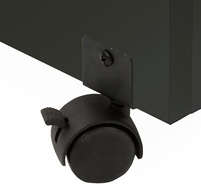 Rolling Wood Podium, 44"H, Locking Wheels, 2 Shelf Open Cabinet, Top Surface with Lip (Black)