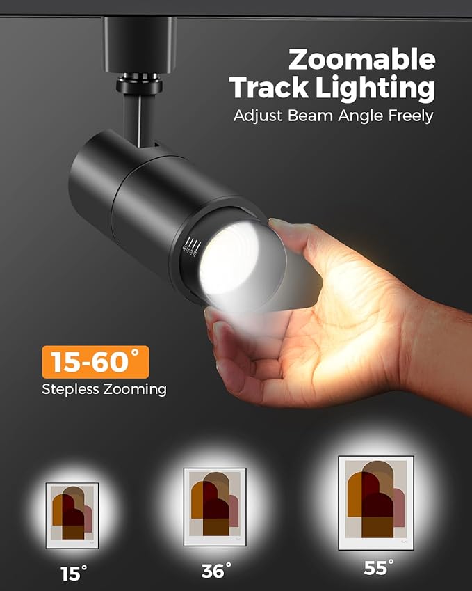 VANoopee 3-Color Zoomable 10W LED Track Lighting Heads H Type Track Light Heads Dimmable Bright Ceiling Spotlight Fixtures Accent Art, 3000K 4000K 5000K Adjustable, CRI90+ 15°-60° 1000lm Black 6 Pack