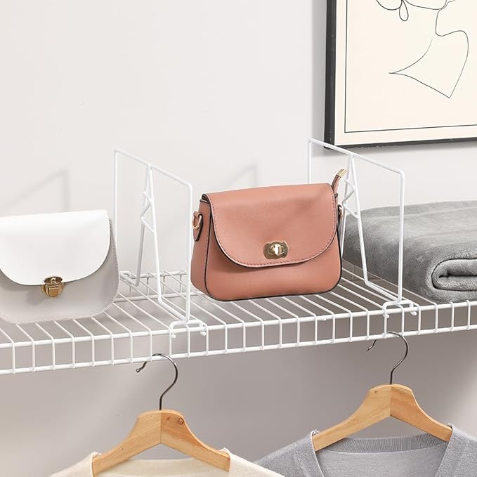 Wire Shelf Dividers - White Closet Organization & Storage Organizer - No Tool Shelf Divider for Wire Shelves - Metal Shelf Accessories – for 12“ Deep Wire Shelves – Tall 7” Height – 8 Pack