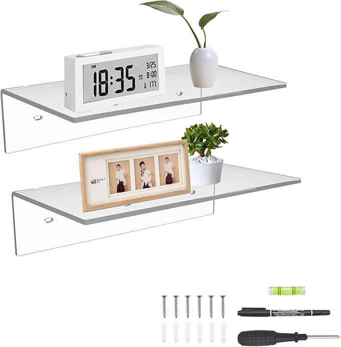 12 Inches Acrylic Wall Shelves 2 Pack, Floating Shelf for Wall Mounting, Acrylic Display Ledges for Funko Pop Figures, Home Décor, Living Room, Gaming Room, Plants(12 inch, Clear)