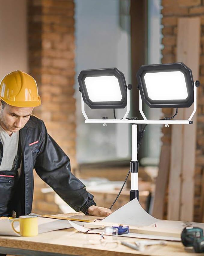 UFOND 20000 Lumen Work Lights with Stand, 200W Dual Head LED Work Light, Waterproof Lamp with Individual Switch, Adjustable Metal Telescoping Tripod 10Ft Power Cord