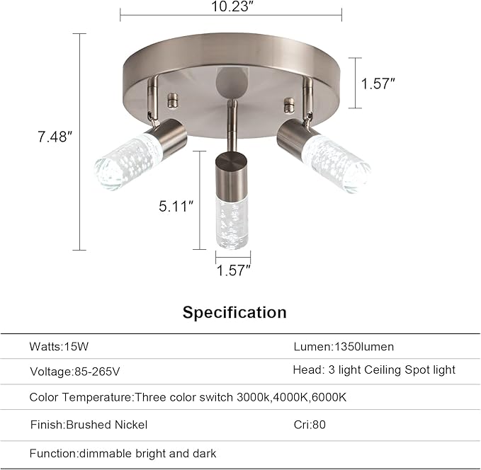 Directional Flush Mount Ceiling Spot Light Fixture,3D Generation Canopy Switch Dimmable 3000k 4000K 6000K Color Change Track Lighting Kit,Rotatale Ceiling Track Lighting Fixture for Dining Room…