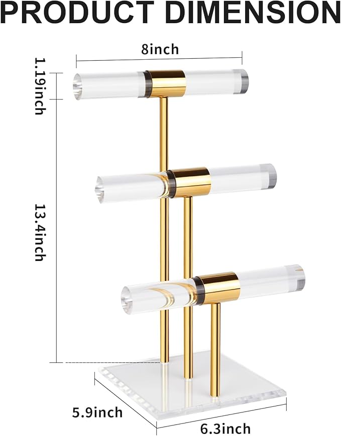 3-Tier Necklace Holder Bracelet Holder, Gold Acrylic Jewelry Display Stand Crystal T Bar Jewelry Organizer Gift for Women