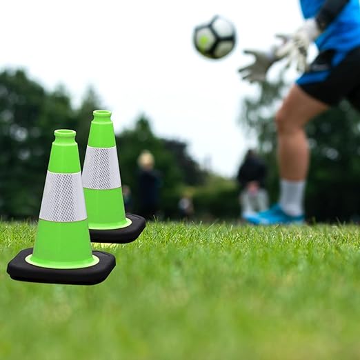 4 Pack 12 Inch Green PVC Traffic Cones Black Base Stable Durable, Sport Training Soccer Practice Kids Activities Markers Indoor Outdoor Use (4, Green, 12 Inch)