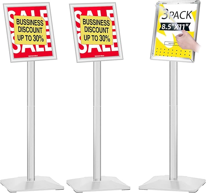 3Packs Heavy Duty Adjustable Pedestal Poster Sign Stand, 8.5x11 Aluminum Open Floor Standing Sign Holder for Vertical and Horizontal View Display (8.5x11,Silver)