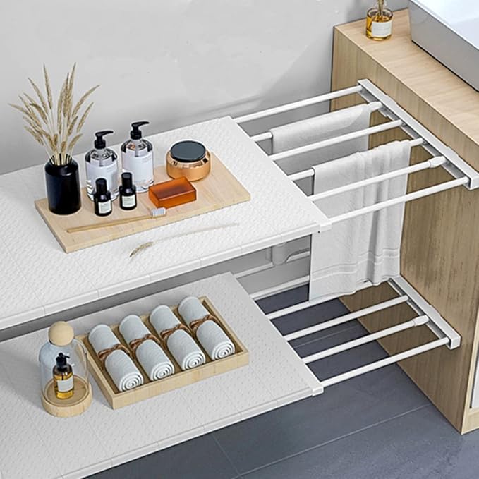 Extendable Closet Shelf Tension Rod Adjustable Clothes Hanger DIY Cabinet Storage Holder Wardrobe Organizer Dividers Shoe Rack 16.54'' Width for Bathroom Kitchen Bookshelf - White