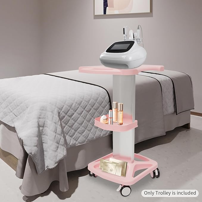 Pink Beauty Salon Trolley Cart with Silent Wheels,Mobile Aluminum and ABS Rolling Salon Cart Tattoo Table Work Station with Tray