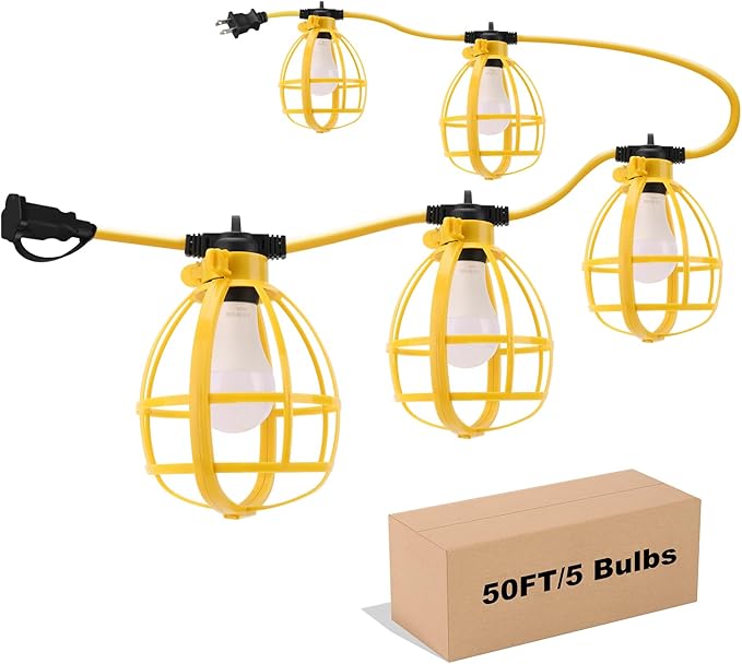 50FT Construction String Lights, 50W 5 Bulbs Work Lights with E26 Base, IP65 Waterproof, 4000LM 6500K Indoor & Outdoor Temporary Lighting for Workshop, Mine cave, Job Site