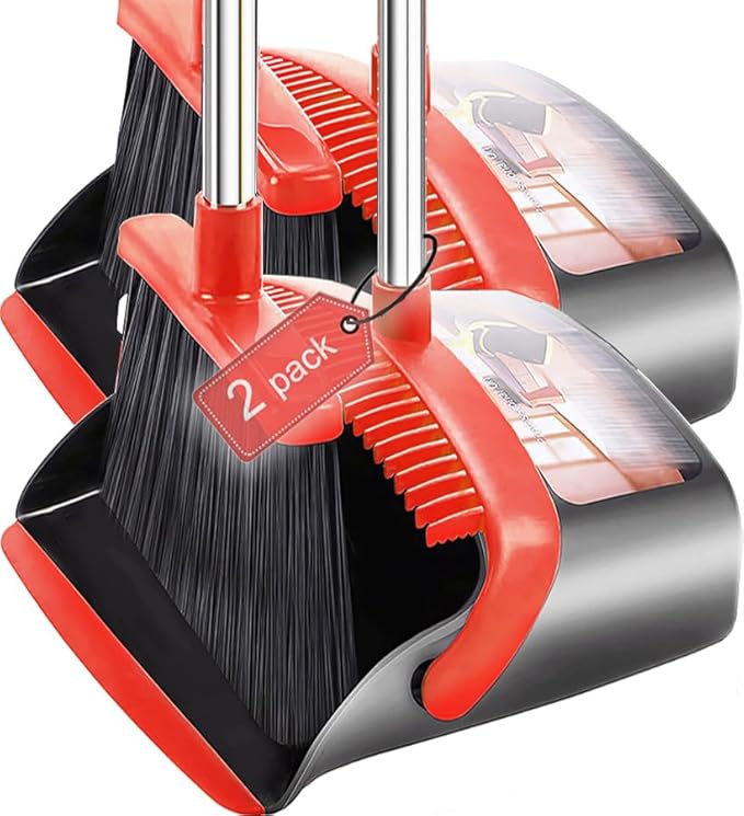 2-Pack is More economical，Brooms with Dustpan Combo Set， with 52" Long Handle, Dustpan Teeth with self-Cleaning Function, Indoor and Outdoor Sweeping, Perfect for Home Office