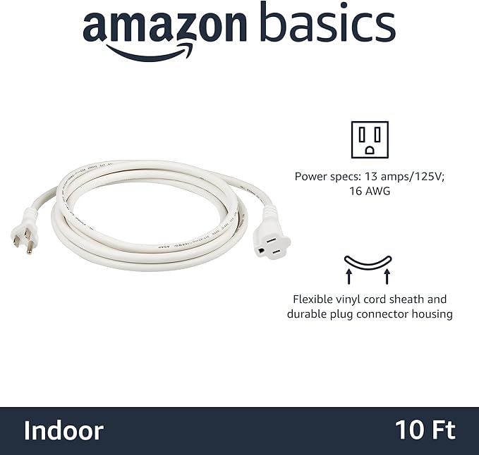 Amazon Basics Extension Cord, 13 Amps, 125V, 10 Foot, White - Pack of 2