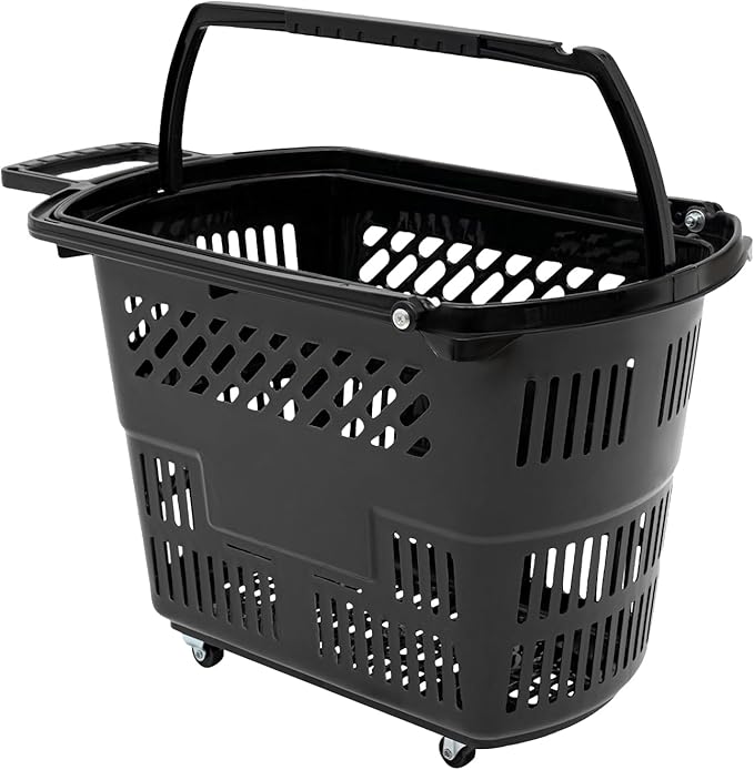 6PCS Trolley Rolling Plastic Basket Set - 35 Litre Portable Shopping Basket with 4 Wheels and Handle for Supermarkets, Retail Stores, Bookstores (Black)