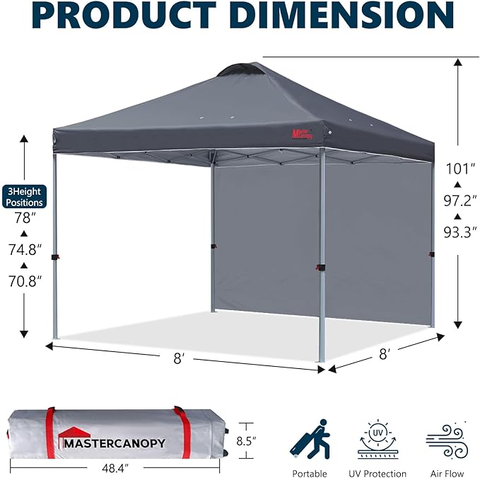 MASTERCANOPY Durable Pop-up Canopy Tent with 1 Sidewall (8'x8',Dark Grey)