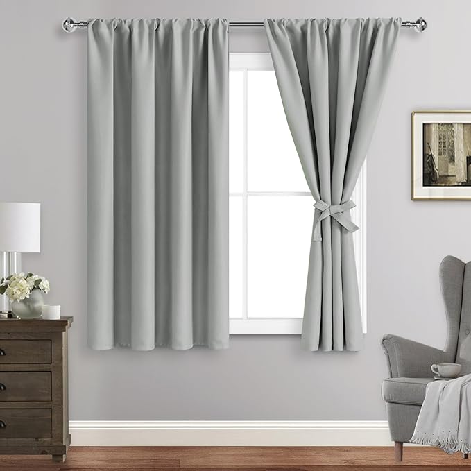 JIUZHEN Blackout Curtains for Bedroom Rod Pocket Thermal Insulated Room Darkening Curtains for Living Room, Set of 2 Panels with Tiebacks, 38 x 54 Inch Length, Light Grey