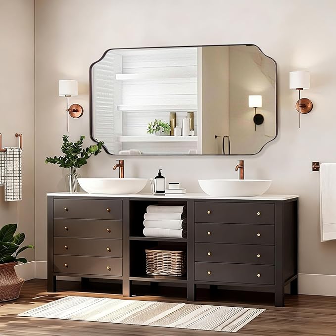 ANDY STAR 30"x48" Brushed Bronze Rectangle Mirror, Large Scalloped Bathroom Mirror in Premium Stainless Steel Frame, Timeless Shape with Unique Flair, Ideal for Home Remodel (Vertical/Horizontal)