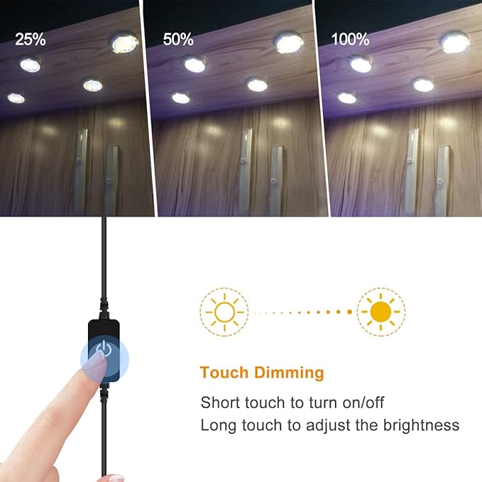 YGS-Tech LED Under Cabinet Lighting Kit, 1020 Lumens LED Puck Light, 5000K Daylight White, CRI90+, Touch Dimming, Silver Trim All Accessories Included, for Kitchen, Closet Lights, Safe Light, 6-Pack