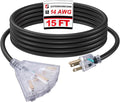 EP 15 Ft Lighted Outdoor Extension Cord with 3 Electrical Power Outlets - 14/3 SJTW Heavy Duty Black Extension Cable with 3 Prong Grounded Plug - Power Cord for Lawn, Garden, Appliances