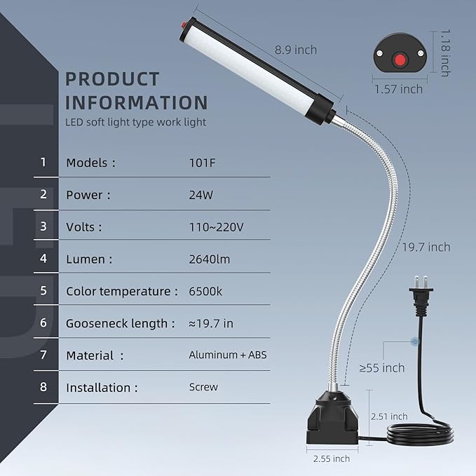 24W LED Work Light, 2400Lumen FlexibleGooseneck Work Light with Screw FixationBase,Industrial Lighting for Lathe CNC MillingDrill Press Sewing Machine,Durable WorkshopLamp for Garage & Factory