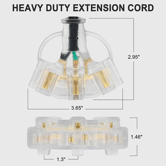 2FT 2 Pack 12 Gauge 3 Outlet Outdoor Extension Cord 12/3 Heavy Duty SJTW Power Cord 3 Way Waterproof Power Cable 3 Prong Grounded with Light 12AWG 15Amp 1875W ETL Listed