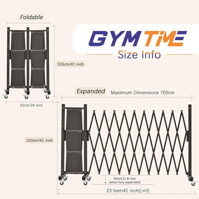 GYMTIME Expandable Metal Barricade, Safety Barrier with Casters, Retractable Garden Fence, Folding Security Temporary Gate for Home Indoor, Upgrade Stainless Steel Edge Posts, Brown, 23 Feet