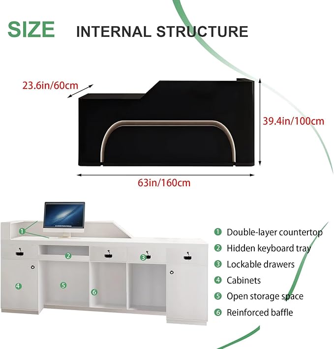 Modern Reception Desk with Counter Front Reception Table with Hidden LED Lighting Commercial Receptionist Desk Black Checkout Counter Fully Assembled and Ready to Use 63inch/160cm