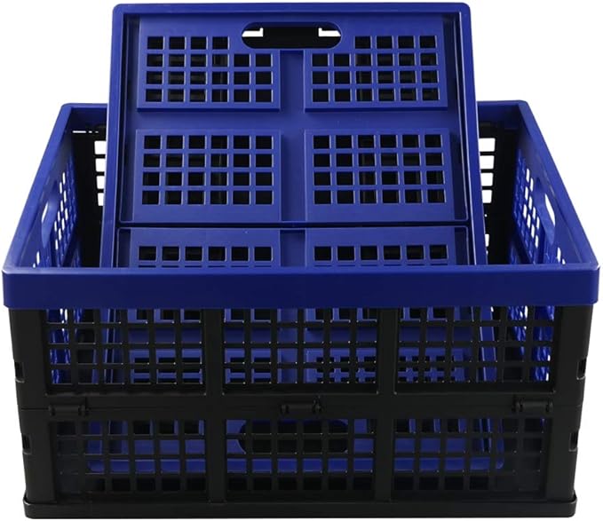 Hespapa 35 Quart Folding Crates, Blue Plastic Collapsible Storage Container Milk Crate Baskets, 2 Pack