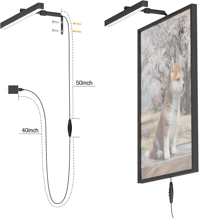 4W Plug in Picture Light for Paintings with Remote Control, 12" LED Art Display Lighting for Gallery, Dartboard, Artwork, Black Wall Mounted Picture Frame Light