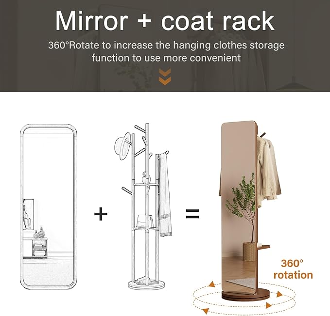 WoodsWhisper Full Length Mirror Coat Rack Solid Wood Floor Mirror 70"x16" Full Length Mirror with Stand Long Mirrors for Bedroom,Living Room