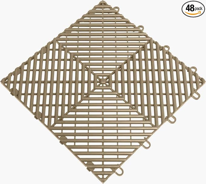 Big Floors RaceDeck Free-Flow Open Rib Self-Draining Design, Durable Copolymer Plastic Interlocking Modular Garage Flooring Tile (Beige, 48 Pack of 12 x 12" Tiles)