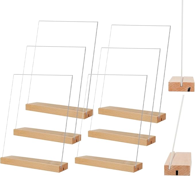 TONICE 5x7 Acrylic Sign Holder with Wood Base 6 Pack L/T Shape Vertical or Slant Back Display for Wedding, Restaurant, Store, Office, Hotel