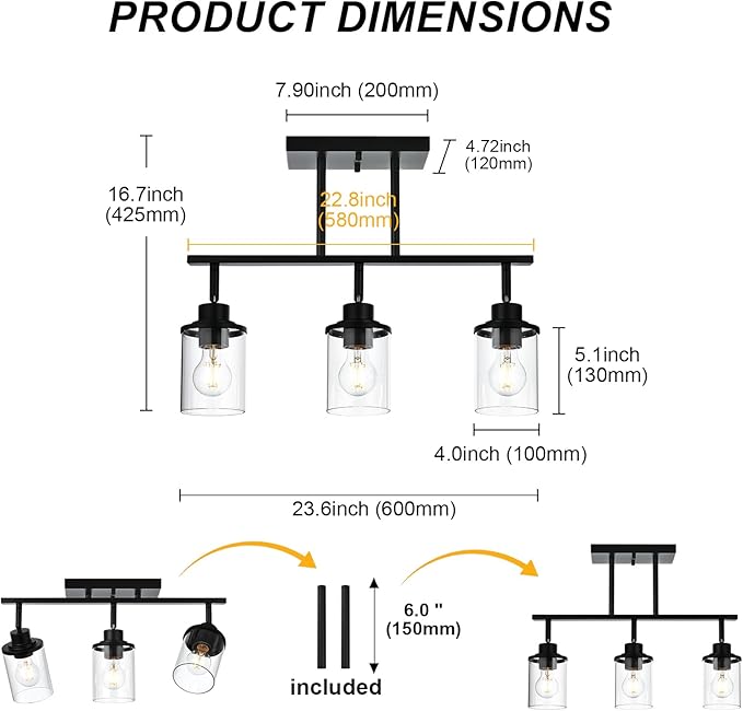 Yaohong 3-Light Kitchen Track Light Fixtures Ceiling Vanity Lights Black, Bathroom Track Lighting Kit with Ajustable Heads, Modern Wall Ceiling Tracking Light for Hallway Shop