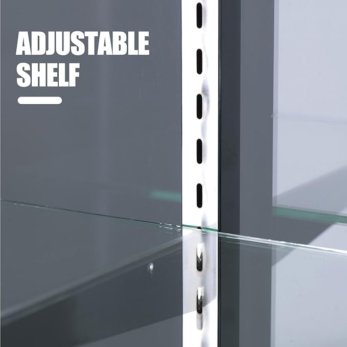 48”D * 20”W * 38”H - Freestanding Retail LED Full Vision Glass Display Case, Black Aluminum Frame, Two Adjustable Height Tempered Glass Shelves
