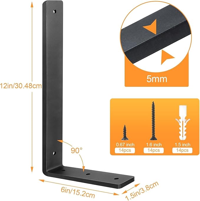Floating Shelf Bracket 12 Inch, 8 Pack Heavy Duty Shelf Brackets, Black Wall Shelf Bracket for DIY Decorative with Mounting Hardware