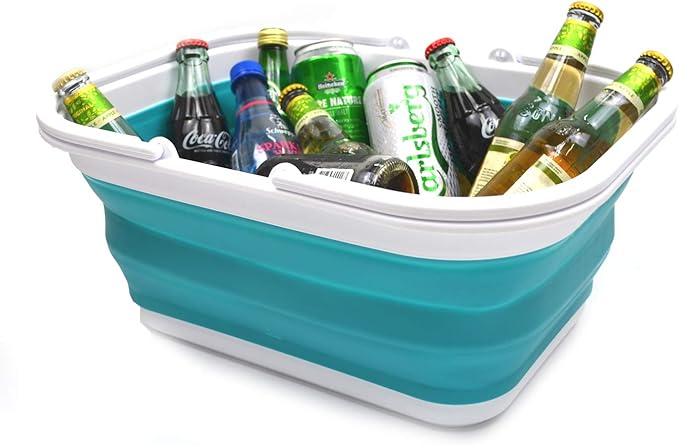 SAMMART 15.5L (4.1 Gallon) Collapsible Tub with Handle - Portable Outdoor Picnic Basket/Crate - Foldable Shopping Bag - Space Saving Storage Container (Bright Blue)