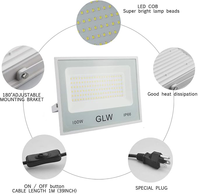 2 Pack 100W LED Flood Lights Outdoor,10000LM Super Bright Work Light,6000k Daylight White Floodlights with Plug,IP66 Waterproof Exterior Security Lights for Playground,Garage,Yard,Backyard
