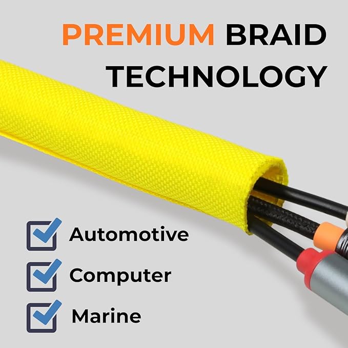 1 inch Split Braided Cable Management Sleeve for USB Cable Power Cord Audio Video Cable, High-Temperature Automotive Harness Wire Loom Cord Protector from Cat Dog Chewing (Yellow, 10FT)