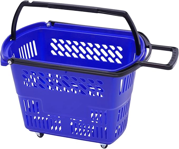 6PCS Shopping Carts with Wheels, 35L Portable Shopping Baskets Set with Handles Grocery Basket for Retail Store, Supermarket, Grocery |19" x 13.7" x 14" (Blue)